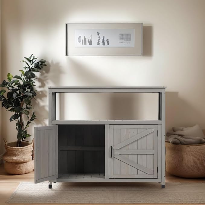 Outdoor Storage Cabinet, Patio Cabinet, Solid Wood Outdoor Console Table, Grey Slatted Buffet Cabinet Sideboard for Patio, Deck, Backyard, 220 Lb Capacity