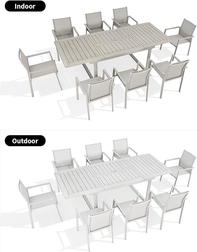 9-Piece Expandable Patio Dining Set for 8, Never-Rust Aluminum Patio Table and Chairs Set, Outdoor Dining Set Outdoor Furniture Set with Stackable Dining Chairs for Deck, Lawn, Poolside