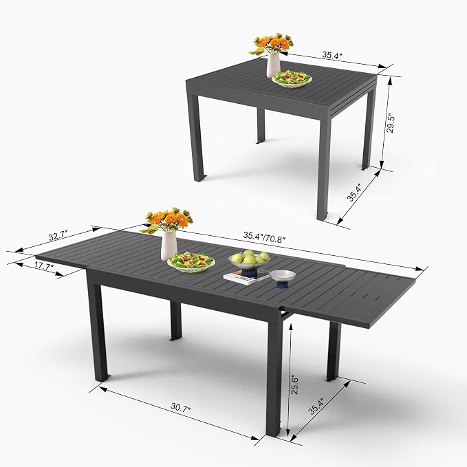 Domi Aluminum Patio Extendable Dining Table 35"- 71", Adjustable Indoor Outdoor Patio Dining Table with E-Coating for 4-6 Person Garden Lawn Porch Bistro Furniture, Dark-Brown