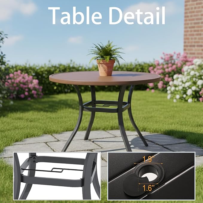 Anmutig Round Outdoor Dining Table, 41-inch All-Weather Patio Table with Adjustable Umbrella Hole for Deck Lawn Garden Backyard Balcony Deck, Metal Frame Slatted Tabletop