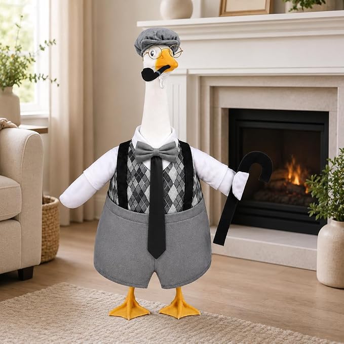 Celltestria Old Man Goose Outfits Grandpa Goose Costume Black Gray Plaid Geese Clothes with Walking Stick Pipe for 23'' Geese Holiday Outdoor Lawn Patio Yard Garden Decor
