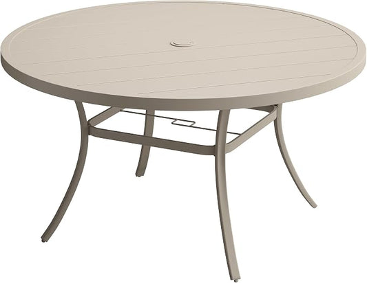 DIFY 50" Round Outdoor Patio Dining Table for 6, Metal Patio Table with 1.57" Adjustable Umbrella Hole, All-Weather Dining Furniture Table for Backyard Lawn Garden, Sandshell