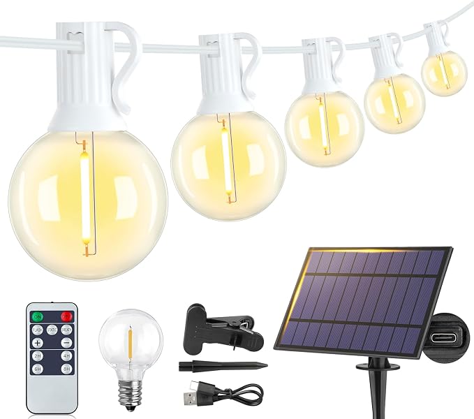 25FT Solar String Lights with Remote, 3 Modes, 11 G40 Bulbs, White | Solar Powered, Dusk to Dawn, Dimmable, Timer, Memory Function, LED Globe Hanging Lights for Garden Party Fence Decor