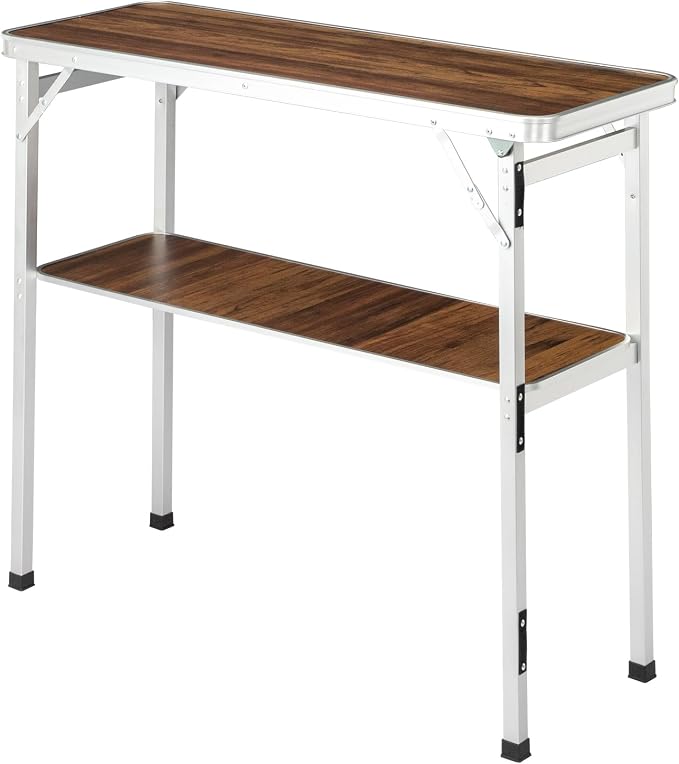 Portable Outdoor Bar Table - Folding Camping Table 2-Tier Shelves with Carrying Case, Storage Shelf & Black Skirt, Tradeshow Podium Table for Events, Camping, Party, Picnic, Exhibition - Brown