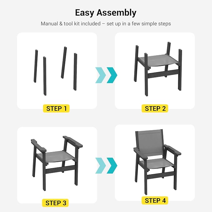 HDPE Outdoor Dining Chairs Set of 2 | Textilene Weather Resistant Patio Stackable Chairs for Garden, Backyard, Lawn and Poolside, Black