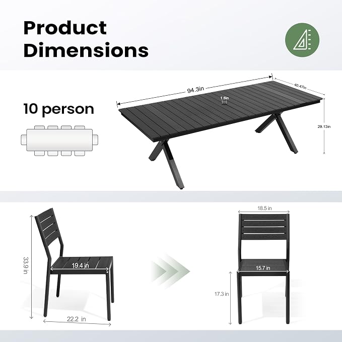 Pellebant 11 Piece Patio Table and Chairs Set for 10, Aluminum Outdoor Dining Set with Umbrella Hole, Stackable Dining Chairs & 94" Dining Table, Black