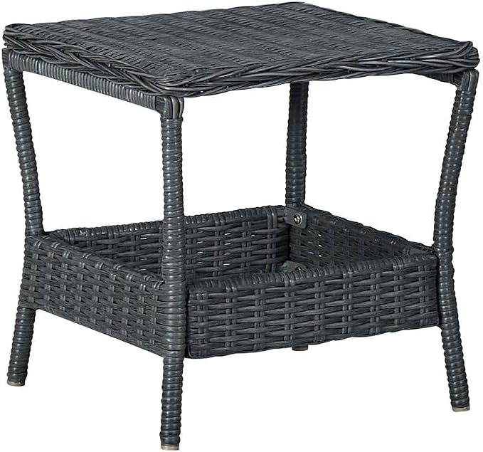 Poly Rattan Patio Side Table, 17.7" x 17.7" x 18.3", Dark Gray, Steel Frame