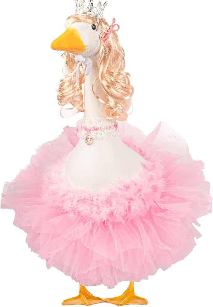 6 Pcs Princess Porch Goose Outfit Set Porch Goose Summer Outfits with Wigs, Pink Funny Geese Cloth with Long Blonde Wigs and Tutu Skirt for 23“ Lawn Goose Statues