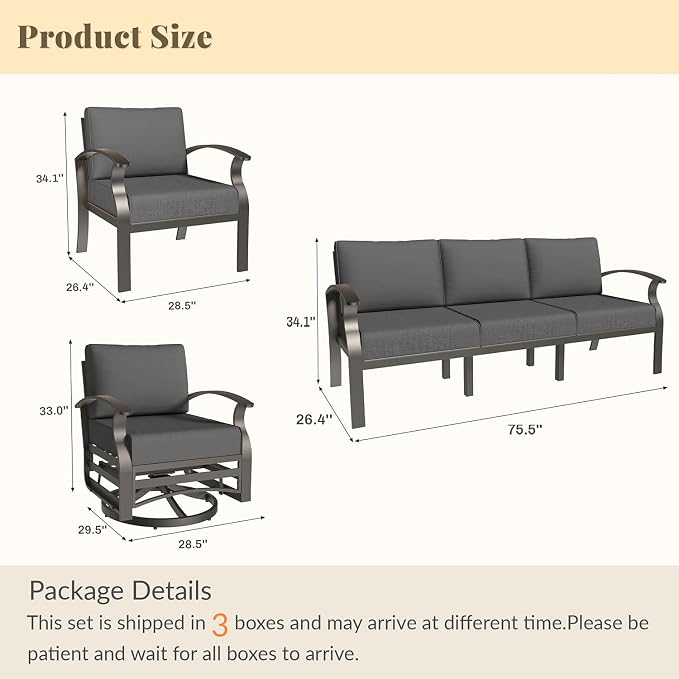 Aluminum Patio Furniture Set Patio Conversation Set,7 Seats Metal Modern Outdoor Furniture w/5.1" Cushions,Patio Sectional w/Swivel Chairs for Patio,Backyard,Grey