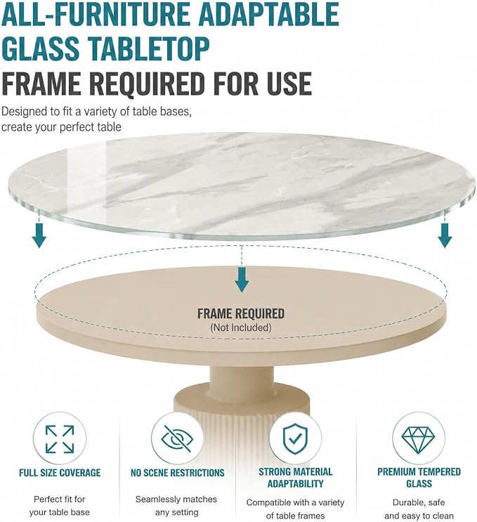 32" Round Tempered Glass Table Top, 5/16" (8mm) Thick, Marble Pattern, Heavy-Duty, Heat & Scratch Resistant for Coffee, Dining & Patio Tables, Gray