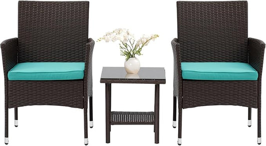 PayLessHere Set of 3 Outdoor Furniture Set Patio Furniture Set Brown Conversation Set with 2 Rattan Chairs Glass Coffee Table for Coffee Bar Poolside Patio Outdoor, Blue Cushions