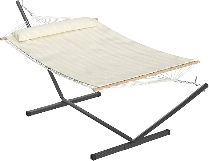 Double Hammock with Stand, Curved Bar Design, 2 Person Large Hammock with 450LBS Capacity, Indoor & Outdoor Hammock with Stand for Backyard, Patio, Garden, Beach & Camping-Beige