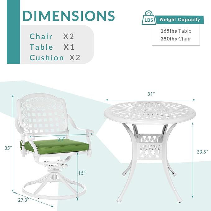 MEETWARM 3-Piece Outdoor Patio Dining Set, All-Weather Cast Aluminum Patio Conversation Set with 2 Cushions Swivel Rocker Chairs and 31" Round Table for Backyard Garden Deck, Umbrella Hole, White