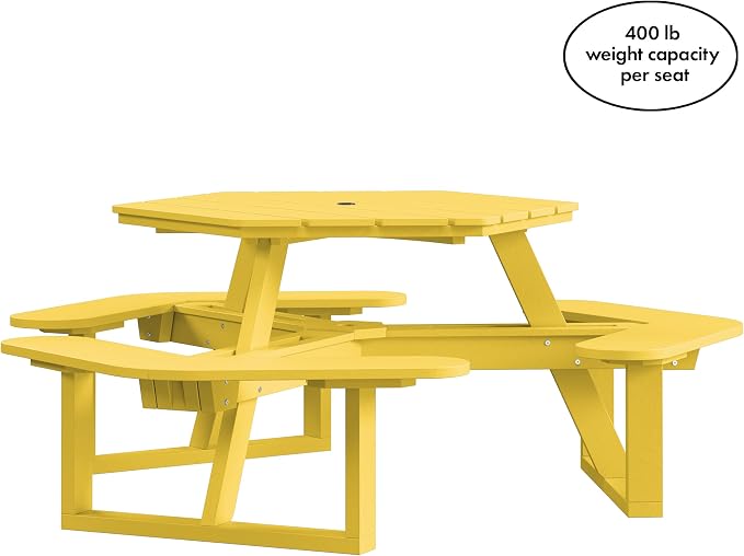 Shoreline Made in USA Hexagon Picnic Table, Seating for 6, Sunbeam Yellow