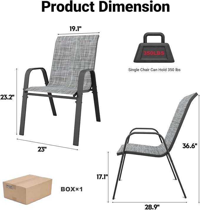 5 Piece Patio Dining Set, Stackable Outdoor Chairs Set of 4 with Textilene Fabric, 37.8" Wood-Grain Square Table with Umbrella Hole for Backyard Lawn Party (1 Table + 4 Chairs) (Grey)