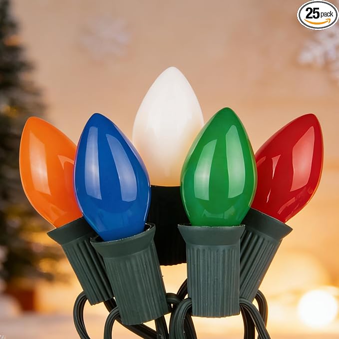 C7 Multicolor Christmas Lights Outdoor, 26Ft Vintage 5W Incandescent Christmas String Lights with 27 Ceramic Light Bulbs, Hanging Old Fashioned Xmas Decor Lights for Party Holiday Backyard Wedding