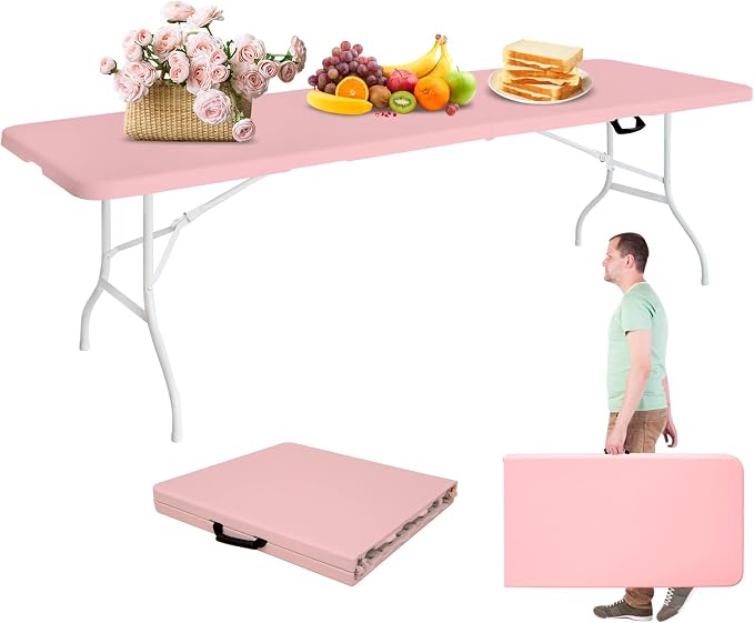 Portable 8Ft Folding Table, Heavy Duty Plastic Fold-in-Half Utility Foldable Dining Table, Multi-Purpose Plastic Folding Table with Carrying Handle for Camping and Party Indoor/Outdoor (Pink)