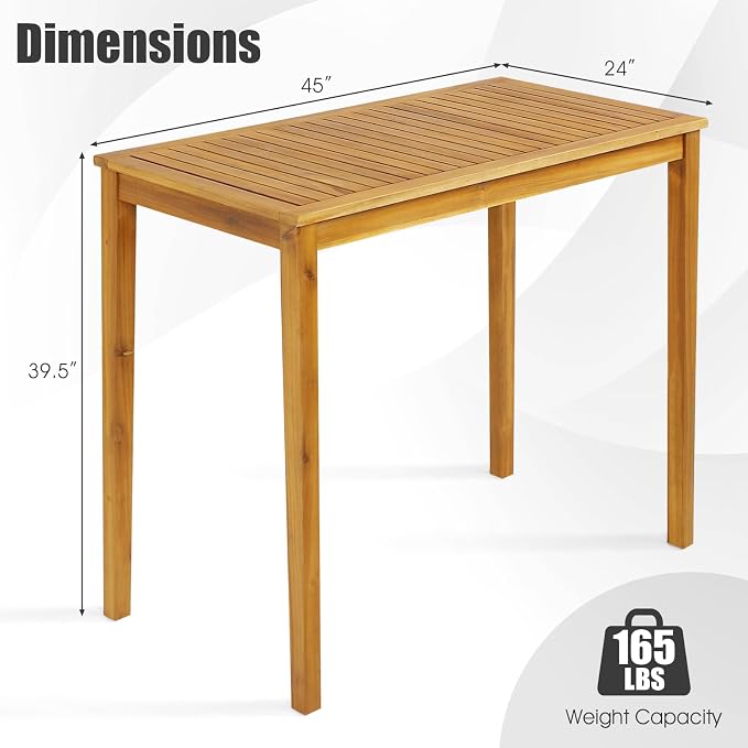Tangkula Outdoor Acacia Wood Bar Table, 45” Rectangular Bar Height Farmhouse Rustic Dining Table with Slatted Tabletop, for Patio Porch Garden Deck, Teak Finish
