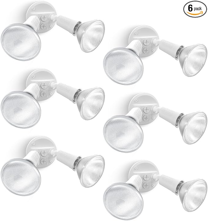 LUTEC 6 Pack Adjustable Twin Par Holder Outdoor Flood Lights, Switch Controlled Security Lights, Floodlights Fixture, Waterproof Exterior Max 300 Watt Par38 Flood Light for Garage, Yard, Porch-White
