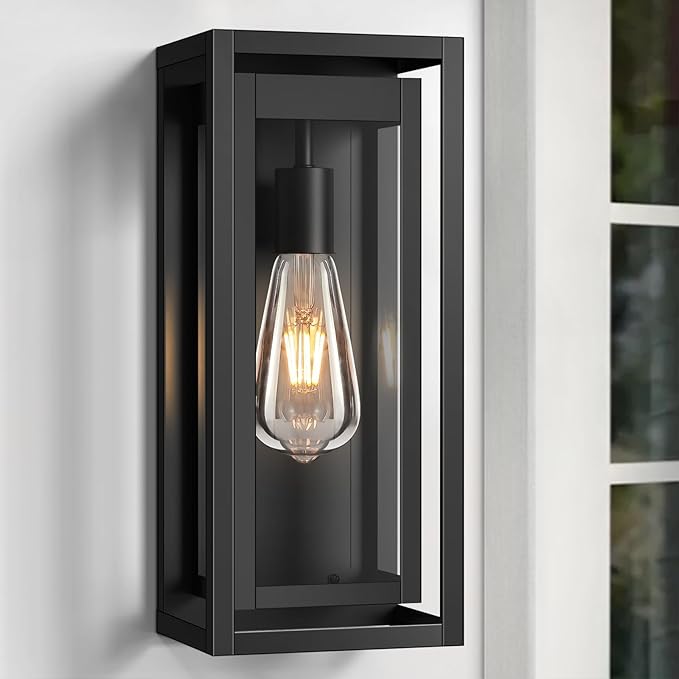 15" Large Outdoor Light Fixture Wall Mount, Matte Black Outdoor Sconce Lights, Modern Waterproof Exterior Porch Lights with Clear Glass Shade for Front Door, Garage, 1 Pack