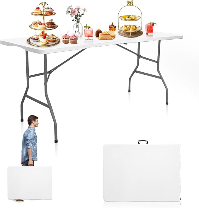6FT Folding Table Portable Foldable Outdoor Camping Card Table Easy to Store Lightweight Durable Multi-Use Ideal for Picnics Parties Events and Home Use