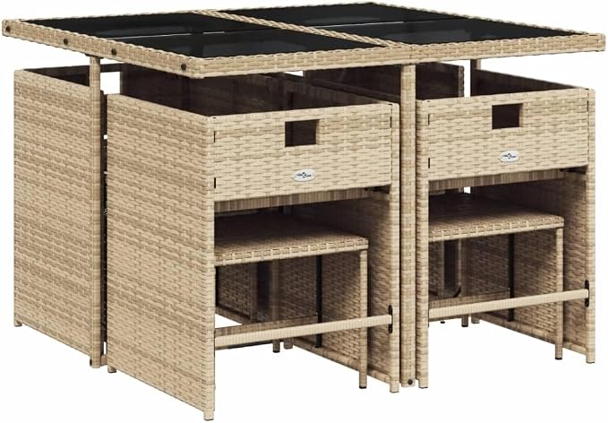 9 Piece Patio Dining Set with Cushions Beige Outdoor Poly Rattan Table and 4 Folding Chairs for Garden Backyard Deck Seating