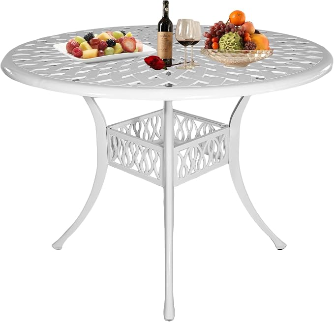 42" Outdoor Dining Table, Round Patio Tables with Umbrella Hole, Cast Aluminum Garden Table Outdoor Furniture Table (White)