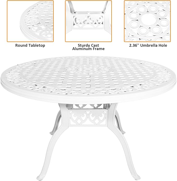 48" Cast Aluminum Outdoor Dining Table,Dining Conversation Side Table, Patio Bistro Table with 2.36" Umbrella Hole for Backyard, Garden, Patio, Porch