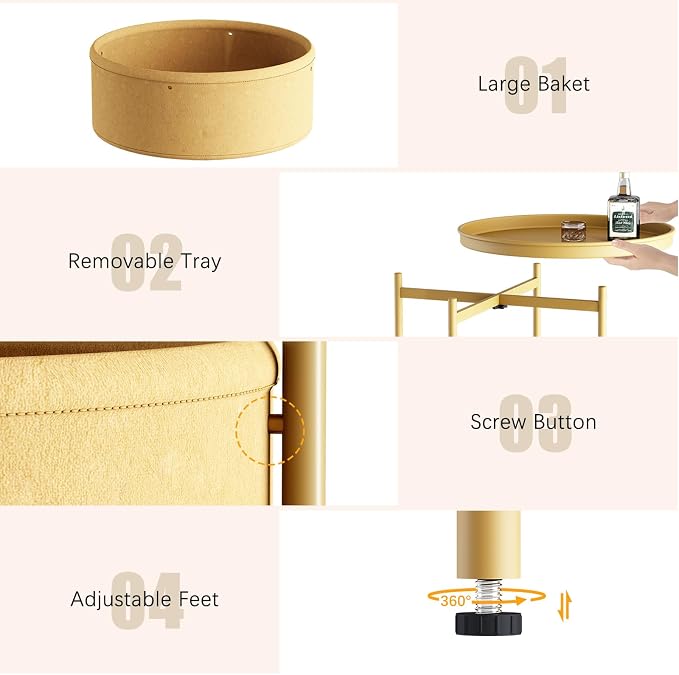 Garden 4 you Side Table with Fabric Storage Basket, Round Metal End Table, Small Bedside Table Nightstand with Removable Tray, for Nursery, Living Room, Bedroom, Bathroom, Gold