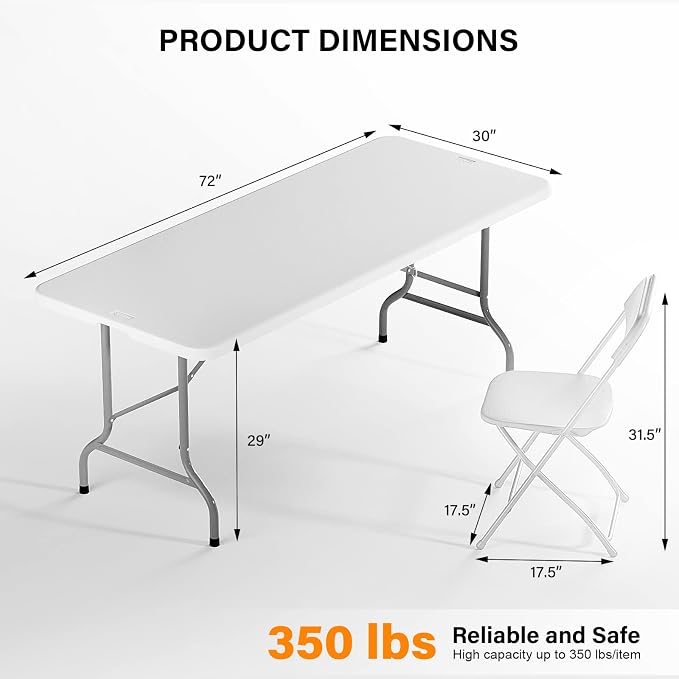 VINGLI 6 FT Plastic Folding Table Set with 6 White Folding Chairs for Picnic, Event, Training, Outdoor Activities, at Home and Commercial Use
