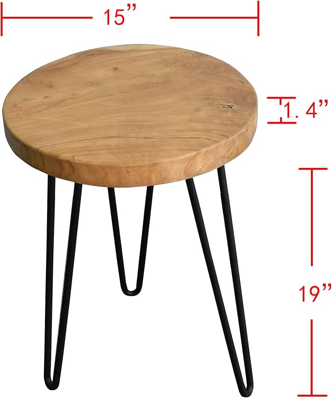 Round Teak Wood Side Table 15" x 15" x 20.4" H Vintage Wooden Slab Coffee Live Edge Tables Solid Wood Rustic Plant Stand Accent End Tables Living Room Patio Bedroom Nightstand