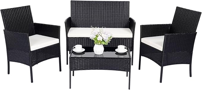 Patio Furniture Set 4 Pieces Conversation Sets Outdoor Wicker Rattan Chairs Garden Backyard Balcony Porch Poolside Loveseat with Soft Cushion and Tempered Glass Table(Black)