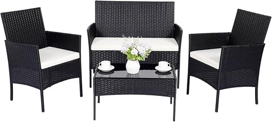 Patio Furniture Set 4 Pieces Conversation Sets Outdoor Wicker Rattan Chairs Garden Backyard Balcony Porch Poolside Loveseat with Soft Cushion and Tempered Glass Table(Black)
