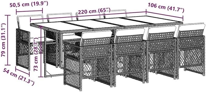 Afuera Living 9-Piece Patio Dining Set, Poly Rattan and Powder-Coated Steel, Black/Cream White, 41.7 x 86.6 x 28.7 in, Tempered Glass Top, Weather-Resistant Outdoor Furniture for Garden, Balcony, or