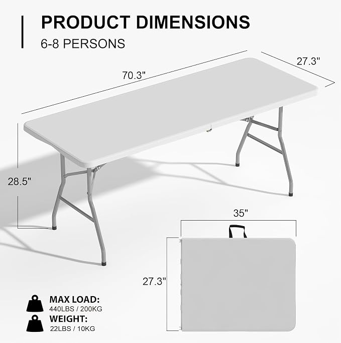 6PK Folding Table, 6FT Portable Plastic Folding Table, Foldable Dining Tables with Carrying Handle for Party, Picnic, Camping, Easy to Fold and Storage, for Indoor or Outdoor Use
