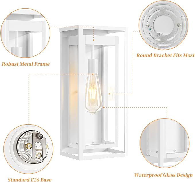 19" White Outdoor Light Fixture, 2 Pack Large Size Outdoor Sconce Lights with Clear Glass Shade, Waterproof Porch Lighting Exterior Light Fixture for Front Door, Garage
