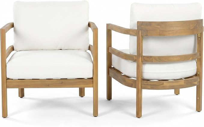 Merax Set of 2 Outdoor Acacia Wood Lounge Chair with Cushions, Solid Wood Patio Armchair, Modern Outdoor Accent Seating for Patio, Garden, Balcony, Deck, Porch, Beige + Light Brown