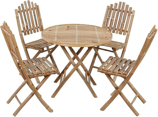 5 Piece Folding Bamboo Patio Dining Set with Cushions, Outdoor Table and Chairs for Al Fresco Dining, Solid Bamboo Construction, Waterproof and Easy to Clean