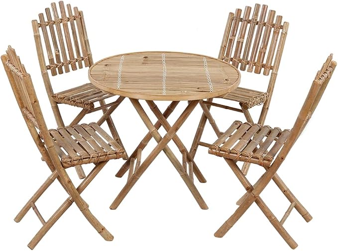 5 Piece Folding Patio Dining Set with Cushions Bamboo Outdoor Table Chairs Portable Space Saving Waterproof Furniture for Garden Balcony Deck