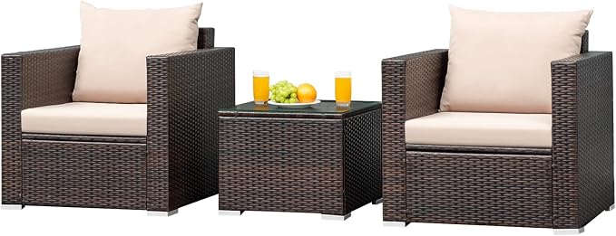 Patio Conversation Set Outdoor, 3-Piece Rattan Wicker Furniture Set with Water-Resistant Cushion & Tempered Glass Tabletop, Patio Furniture Set for Balcony, Porch, Poolside(Beige)