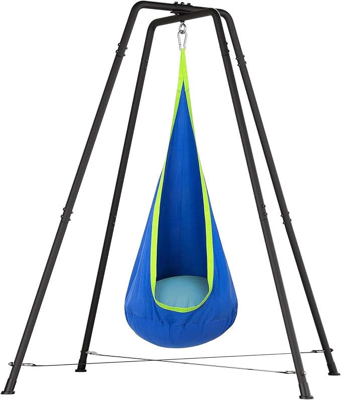 Sensory Pod Hammock with Stand, X-Shaped Anti-Tip Base, Kids Indoor Nest, Outdoor Hanging Chair, Heavy-Duty Steel Frame, Secure 330LBS Comfort, Adults Calm Relax, Family Rooms Gardens Backyards, Blue