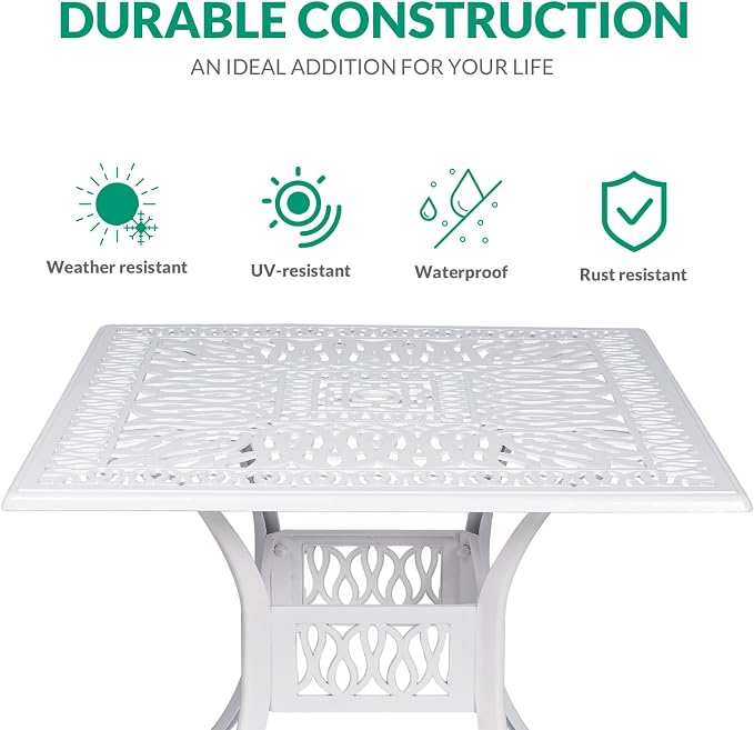VIVIJASON 35.4" Outdoor Patio Dining Square Table White Cast Aluminum Rustic Large Patio Table with Umbrella Hole