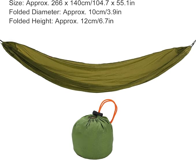 Portable Parachute Camping Hammock, Lightweight Outdoor Hammock with Aluminum Snap Hooks and Storage Bag, Compact Foldable Hammock for Hiking Travel Picnics (Army Green)