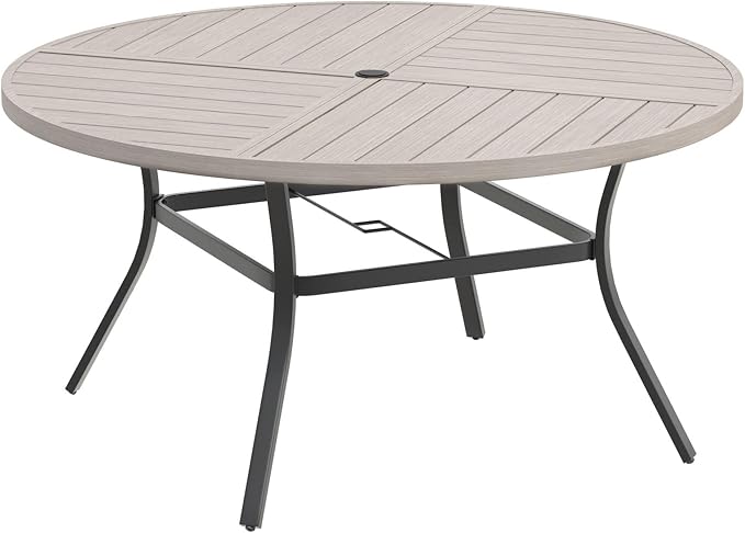 DIFY 50" Round Outdoor Patio Dining Table for 6, Metal Patio Table with 1.57" Adjustable Umbrella Hole, All-Weather Outdoor Furniture Table for Garden Backyard Deck, Grey Wood-Like