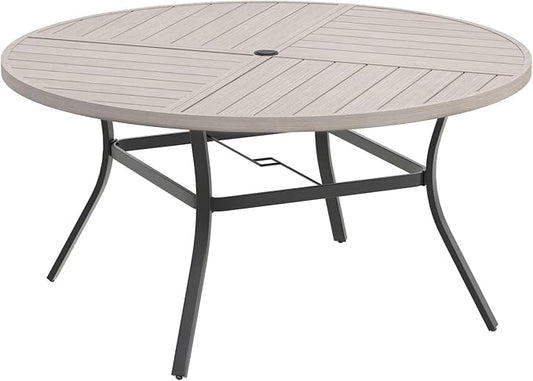 DIFY 50" Round Outdoor Patio Dining Table for 6, Metal Patio Table with 1.57" Adjustable Umbrella Hole, All-Weather Outdoor Furniture Table for Garden Backyard Deck, Grey Wood-Like