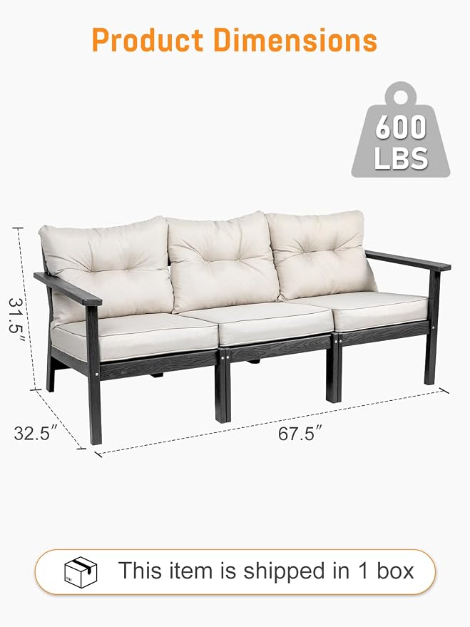 3 Seat HDPE Patio Sofa, Outdoor Couch with Thick Cushions, Patio Furniture | Water-Resistant Thick Cushion, HDPE All Weather, Wood-Grain, No Rot or Rust or Crack, UV Fade Shield, Easy-Clean for Outside