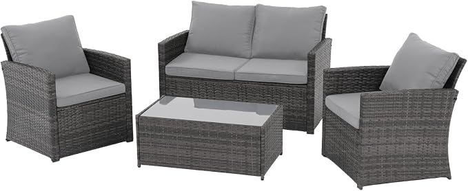 JOIVI Patio Furniture Set, 4 Piece Outdoor Patio Conversation Set, All-Weather PE Rattan Wicker Sectional Patio Sofa Set with Tempered Glass Coffee Table, Light Gray