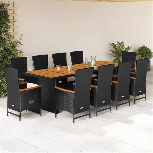 Afuera Living 11 Piece Poly Rattan Patio Dining Set, Black/Cream White, UV-Water Resistant, Solid Acacia Wood Table 94.5 in, Adjustable Reclining Chairs, Cushioned Seating for Outdoor Garden Terrace