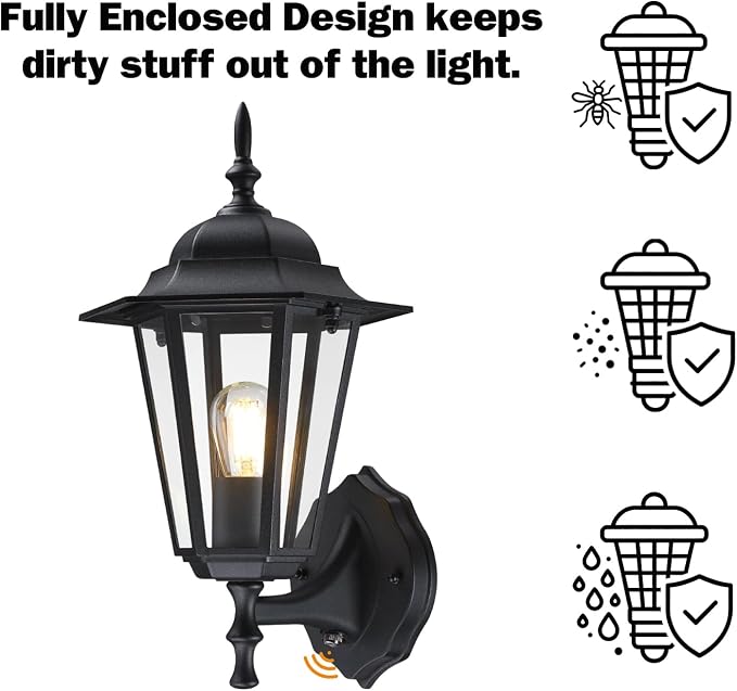 GRUENLICH Outdoor Wall Light Fixture, Rustproof Aluminum, Glass | Dusk to Dawn Exterior Porch Light Wall Sconce Lantern for House, Patio, Garage, Waterproof, E26 Socket 60W Max, Black, 1 Pack