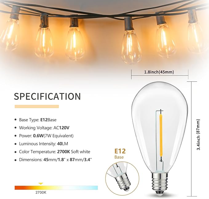 50FT S14 E12 Outdoor String Lights Waterproof Patio 12+1 (1 Spare) bulbs | Outside Hanging Shatterproof S14 E12 LED Light Bulb for Parties Porch Garden Fences Backyard Outdoor Indoor